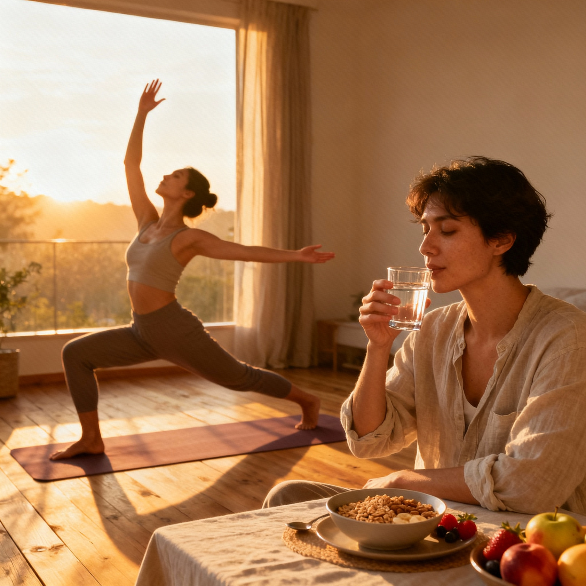 Woman doing yoga at sunrise while another person eats breakfast